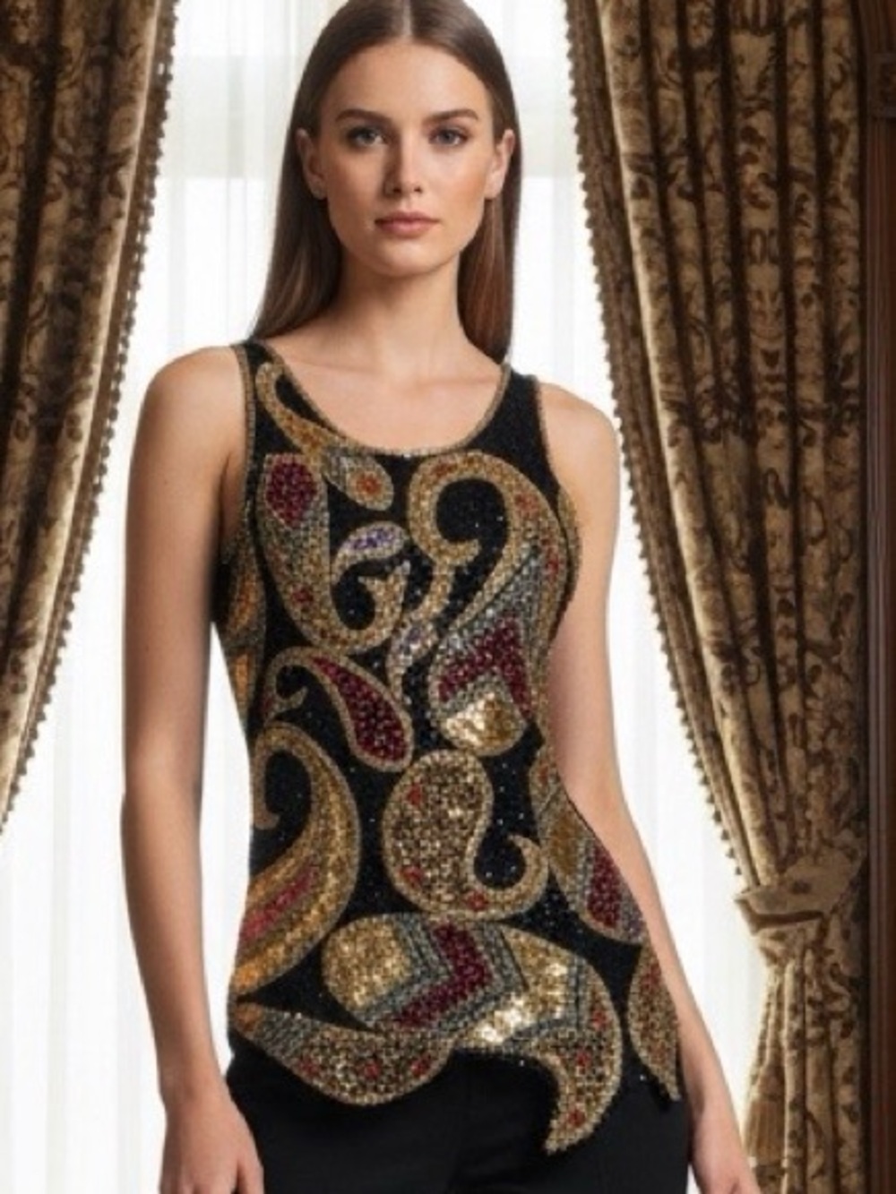 Sleeveless Embellished Black Top with hand, beaded Gold & Red Paisley Accents.